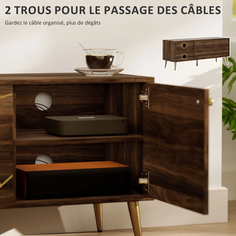 HOMCOM Meuble TV meuble télé bois pour téléviseur jusqu'à 60 pouces avec placards étagères pieds acier 130 x 40 x 52 cm marron
