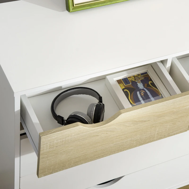 HOMCOM Commode 5 tiroirs Design scandinave Meuble de Rangement Chambre Panneau de Particules 99 x 39 x 101 cm Blanc Aspect chêne Clair