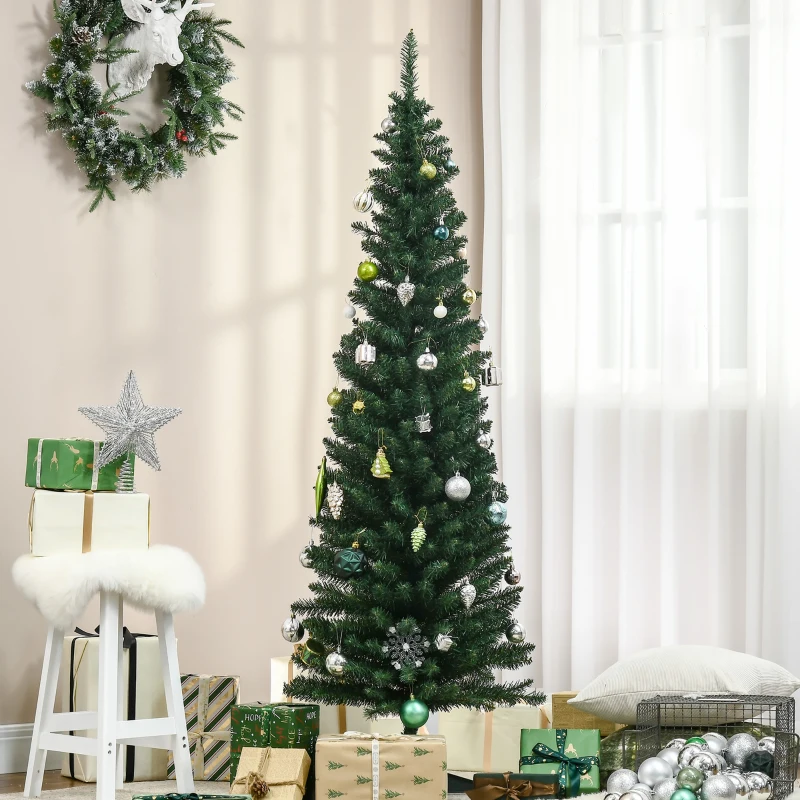 HOMCOM 6ft Unlit Artificial Christmas Tree, Pencil Slim Xmas Tree with Solid Stand and Realistic Branches, Green
