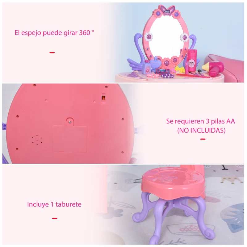 HOMCOM Tocador de Juguete para Niños +3 Años con  29 Piezas Taburete Función de Música Luces Centro de Belleza Infantil 49,5x23,5x69,5 cm Rosa