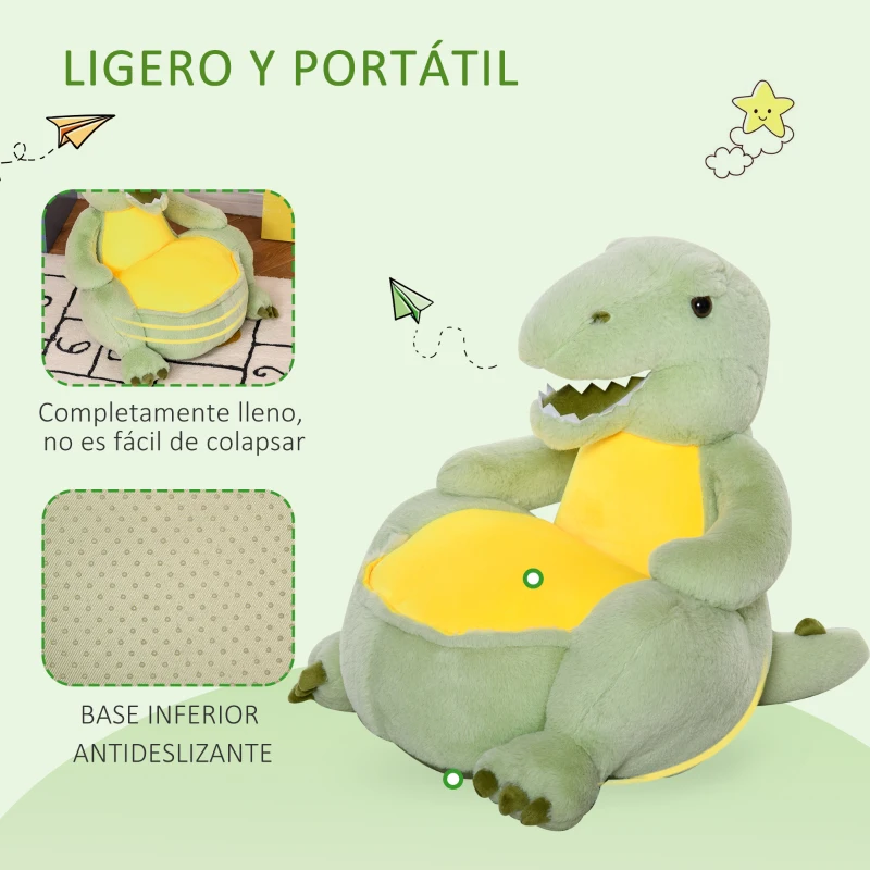 HOMCOM Sillón Infantil Diseño de Dinosaurio Sofá para Niños de 18-36 Meses Asiento Acolchado Antideslizante 60x55x59 cm Verde