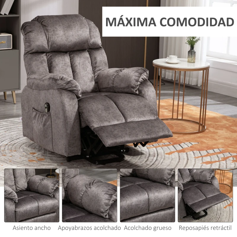 HOMCOM Sillón Levanta Personas Eléctrico con Reclinación hasta 135° Mando a Distancia Reposapiés y 2 Bolsillos Gris