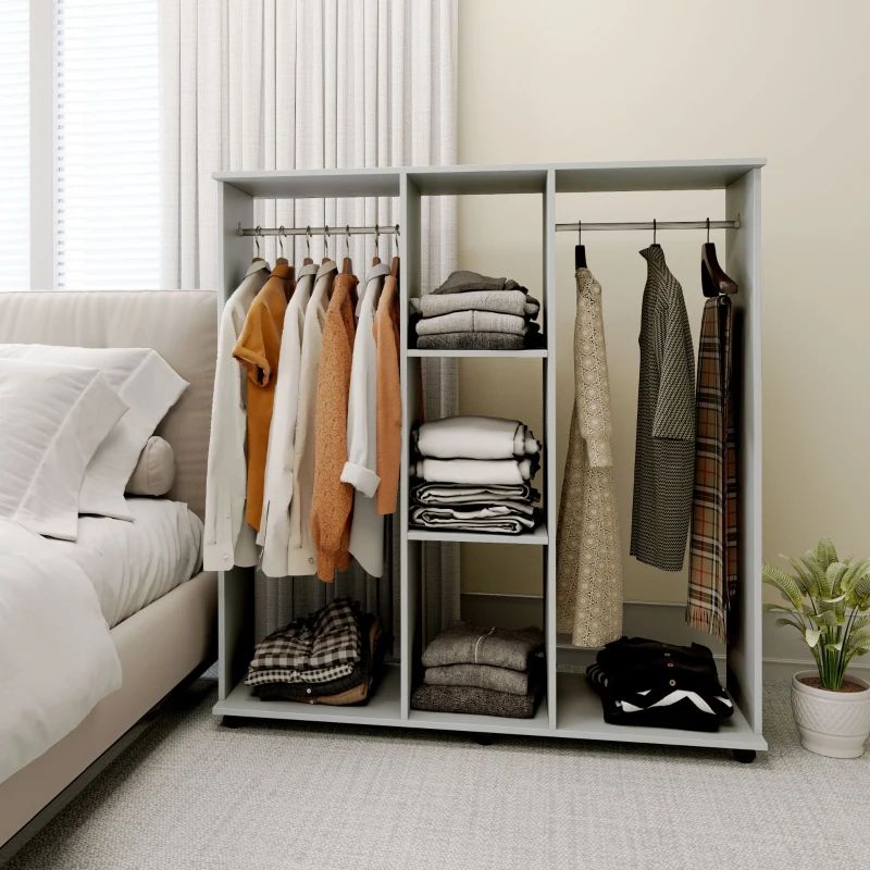 HOMCOM Open Wardrobe Double Mobile Storage Shelves Organizer W/6 Wheels-Grey