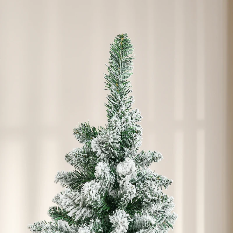 HOMCOM 5 Ft Snow Flocked Artificial Christmas Tree, Xmas Pencil Tree with Realistic Branches, Auto Open, Pinewood Base, Green