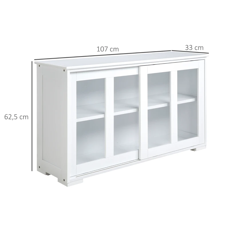 HOMCOM Aparador de Cocina Moderno Mueble Auxiliar con 2 Puertas Corredizas de Vidrio y Estante Ajustable 107x33x62,5 cm Blanco