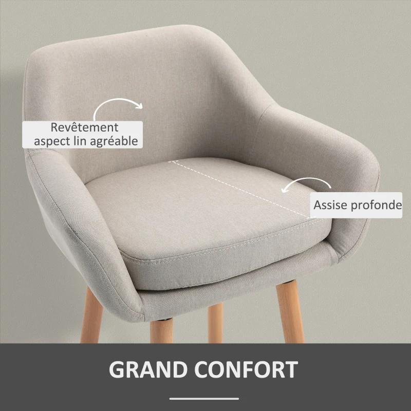 HOMCOM Tabourets de Bar Design scandinave - Lot de 2 tabourets de Bar Grand Confort avec Repose-Pieds et accoudoirs - Bois massif Lin Beige