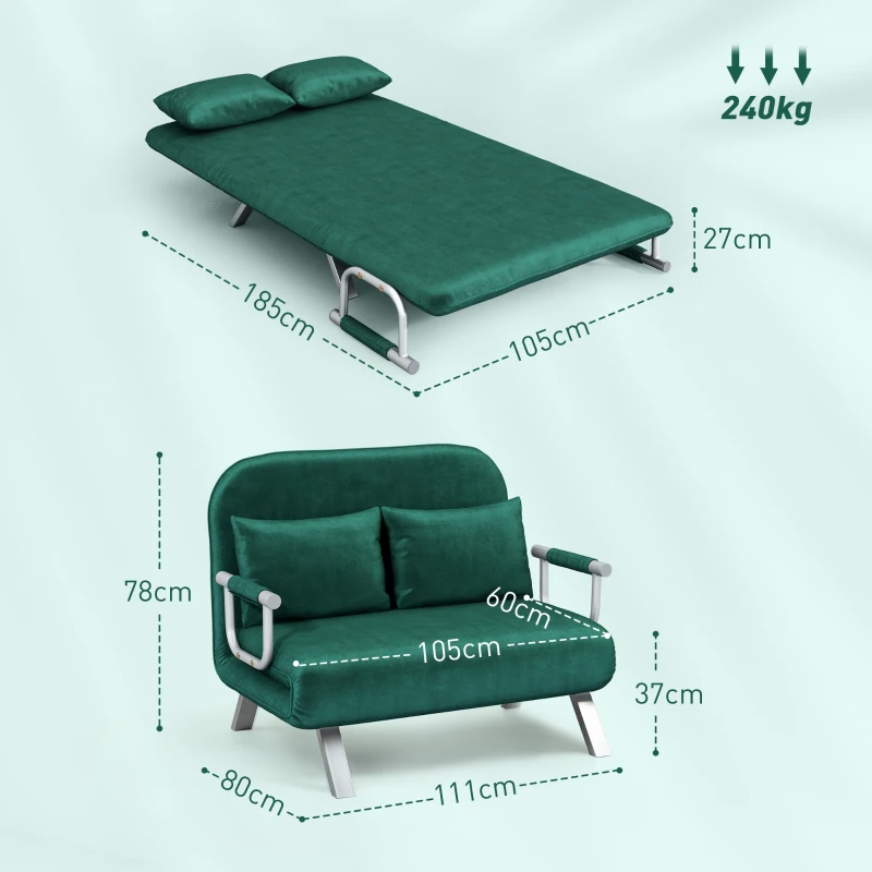 HOMCOM Canapé convertible 2 places canapé-lit 2 places avec dossier réglable et 2 coussins en revêtement aspect suède vert