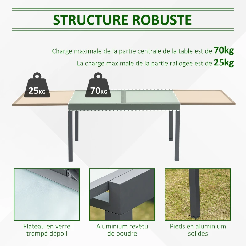 Outsunny Table à manger de jardin extensible table à rallonge rectangulaire plateau verre trempé dépoli châssis aluminium dim. 270L x 90l x 73H cm gris et blanc