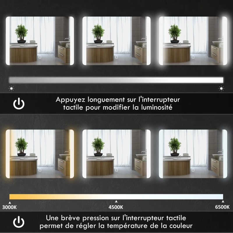 HOMCOM Miroir de salle de bain rectangulaire lumineux LED fonction anti-buée luminosité réglable 50 x 70 cm argent