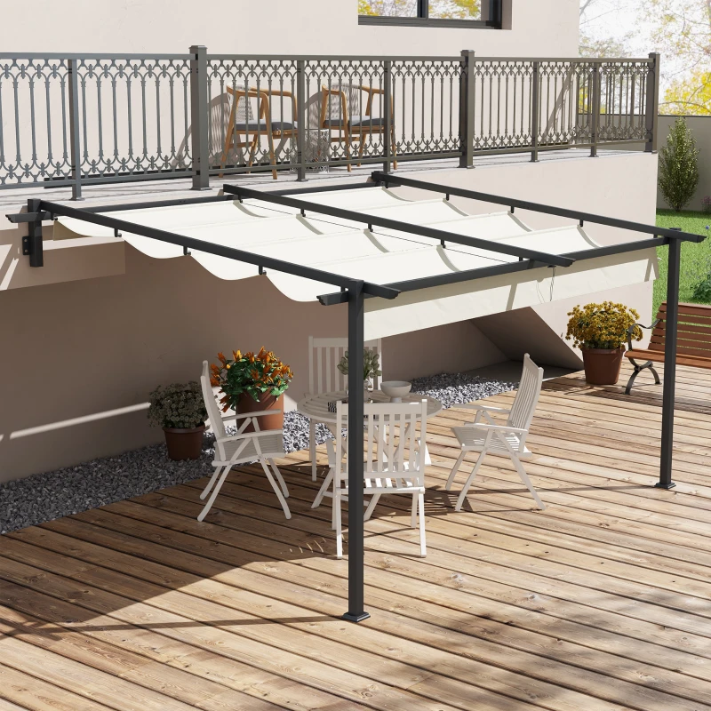 Outsunny Pérgola 4x3 m Cenador de Jardín con Techo Retráctil de Poliéster y Marco de Acero Crema y Gris Oscuro