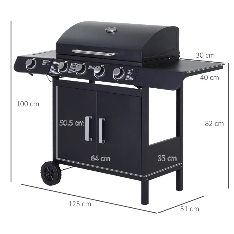 Outsunny Barbecue a Gas a 5 Fornelli con Ripiani Laterali e Armadietto, in Acciaio e PP, 125x51x100 cm, Nero