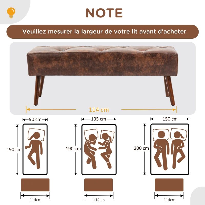 HOMCOM Banc bout de lit banquette capitonnée style vintage 114 x 38 x 42 cm piètement bois revêtement marron effet vieilli