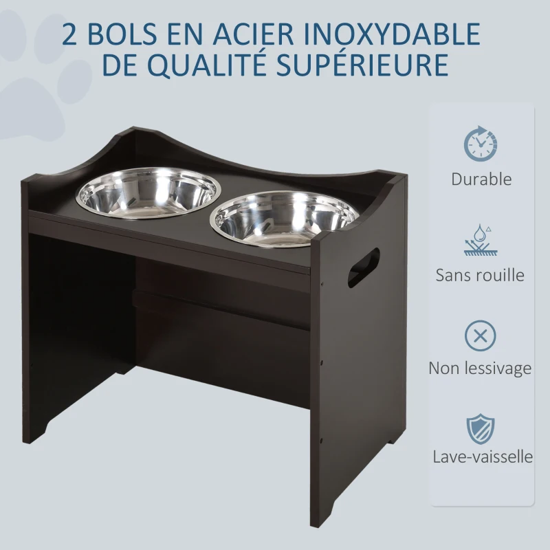 PawHut Gamelles chiens surélevées gamelle double chien chat porte-gamelles surélevé dim. 54L x 31l x 47H cm 2 gamelles 2L acier inox. incluses bois brun foncé