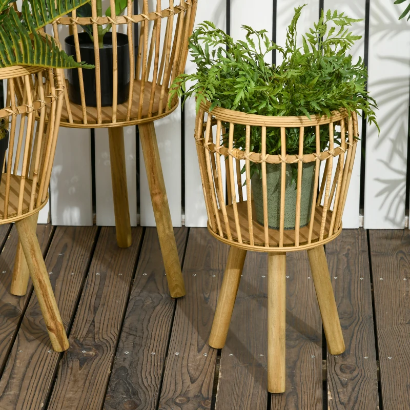 Outsunny Lot de 3 supports cache-pots à plantes lot de 3 étagères à fleurs support pots de fleurs sur pied trépied bois naturel