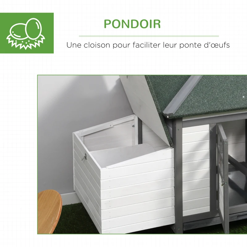 PawHut Poulailler cottage multi-équipement perchoir rampe pondoir enclos tiroir à déjection 196L x 76l x 97H cm bois massif pin gris blanc