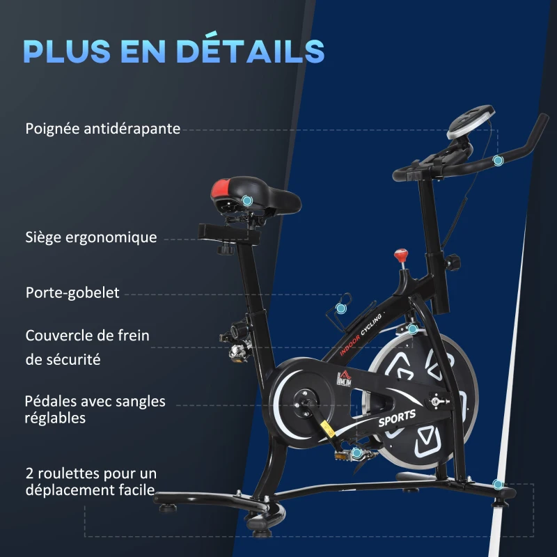 HOMCOM Vélo d'appartement vélo de fitness velo d'intérieur avec écran LCD multifonctions vélo biking cardio-training selle et guidon réglables acier noir