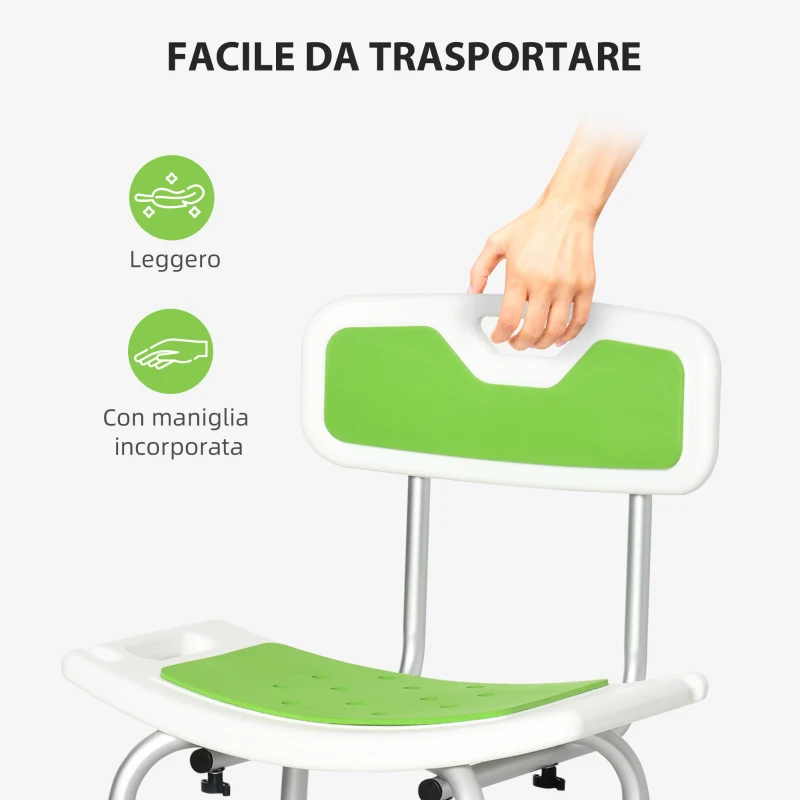 HOMCOM Sedia per Doccia in Alluminio ed EVA con Altezza Regolabile su 6 Livelli e Schienale Ricurvo, 51.5x49.5x68.5-81 cm