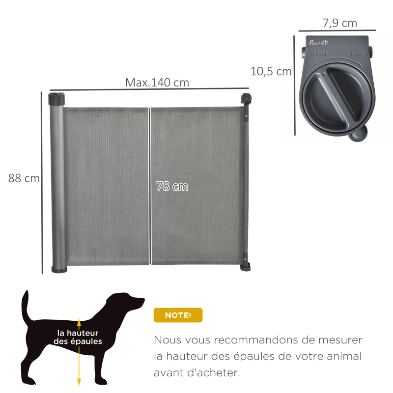 PawHut Barrière animaux rétractable automatique barrière de sécurité enroulable pour escaliers barrière extensible opération à une main dim. 1,4L x 0,88H m aluminium maille PVC gris
