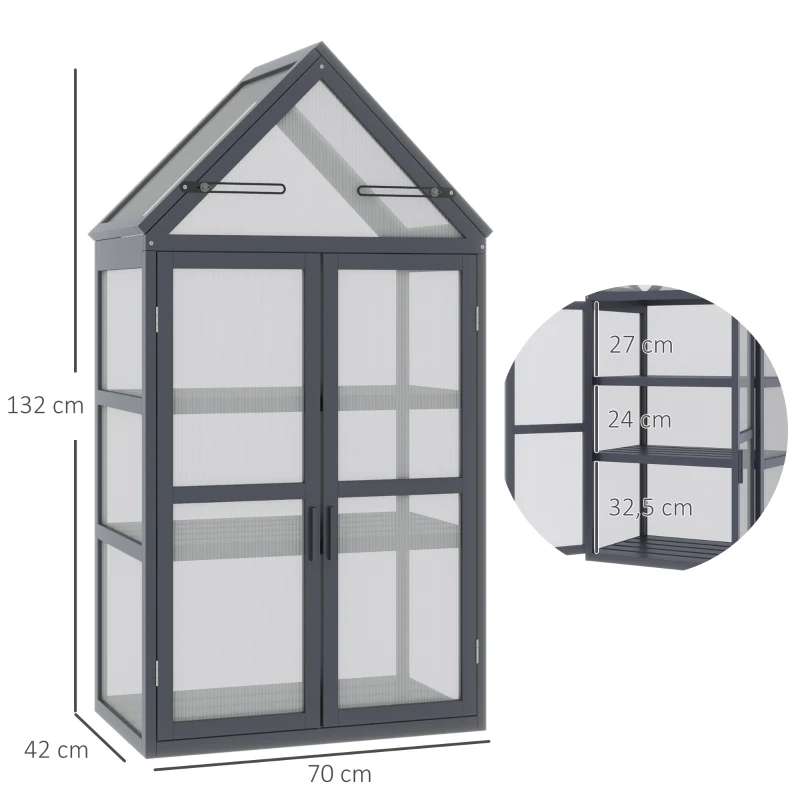 Outsunny Mini Serre de Jardin en Polycarbonate Cadre en Bois 3 Niveaux dim. 70L x 42l x 132H cm Double Porte aération réglables - Gris(m-3)