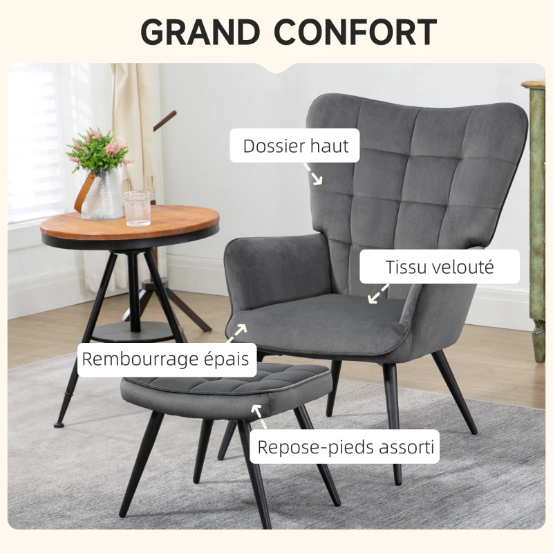 HOMCOM Fauteuil relax avec repose-pieds assorti style scandinave piètement métal noir revêtement aspect velours - gris