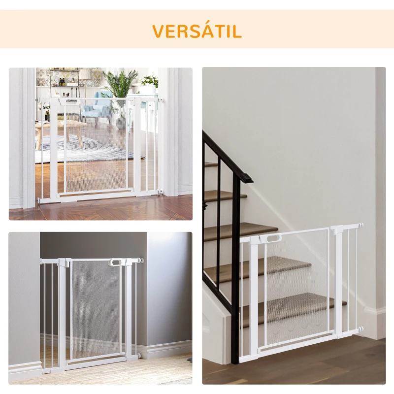 PawHut Barrera de Seguridad para Perros Extensible 75-103 cm Barrera Escaleras Puertas con Extensiones Cierre Automático Blanco
