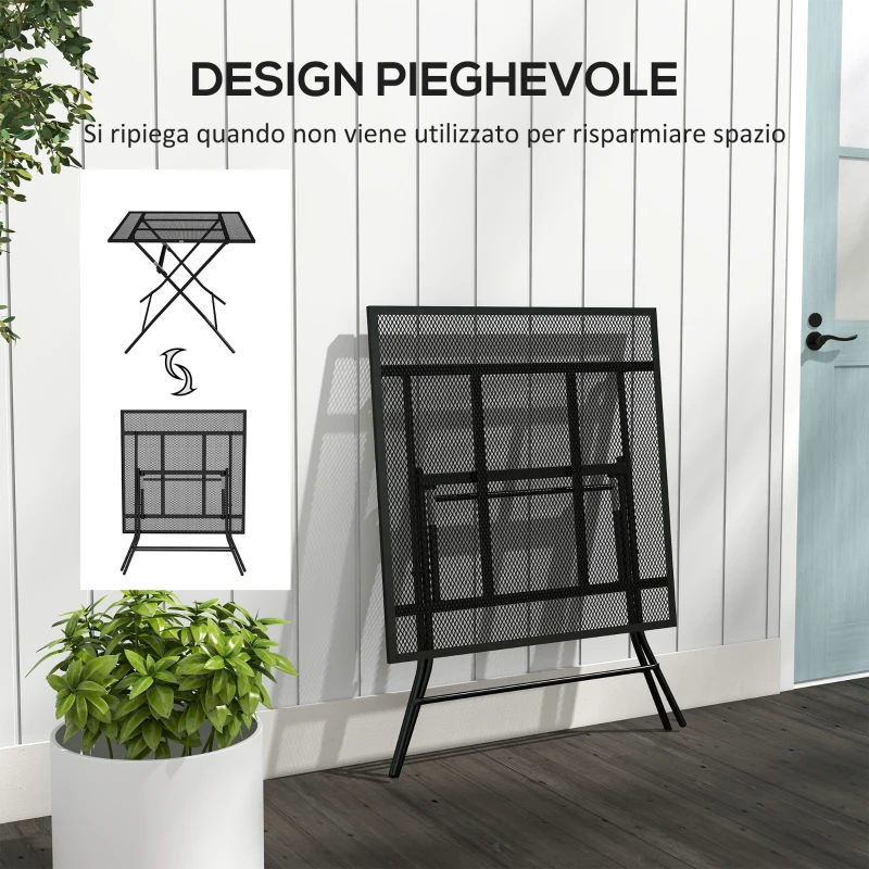 Outsunny Tavolo da Giardino Pieghevole Quadrato con Piano a Rete in Acciaio, 80x80x74cm, Nero