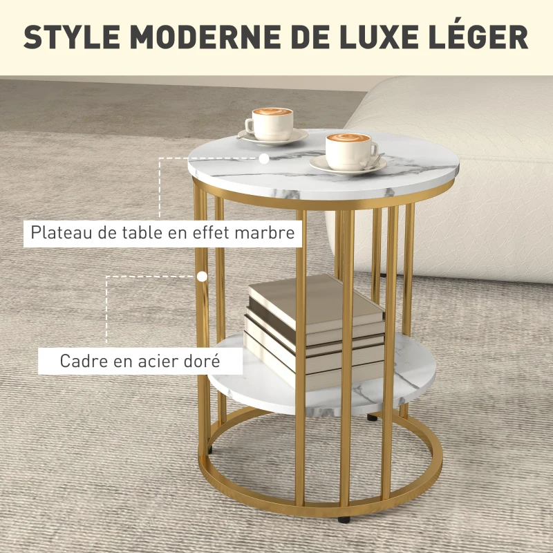 HOMCOM Lot de 2 tables basses rondes tables de salon effet marbre avec étagère de rangement ouverte et cadre en acier or
