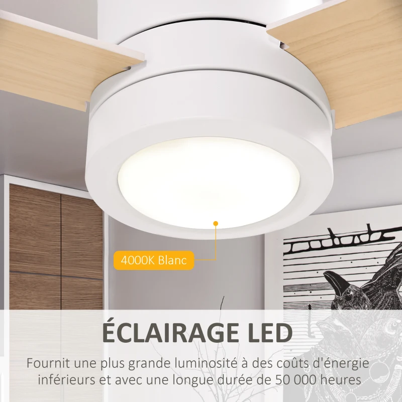 HOMCOM Ventilateur de plafond 2 en 1 avec lumière LED 3 vitesses silencieux - télécommande - diamètre 112 cm, naturel et blanc