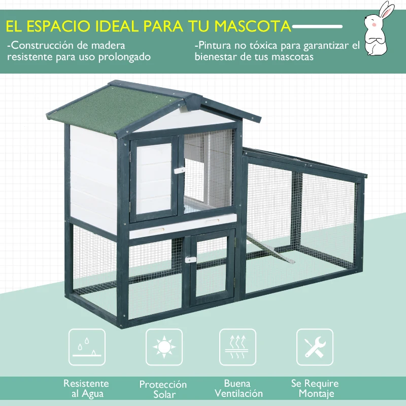 PawHut Conejera de Madera Exterior Jaula para Conejos de 2 Niveles con Bandeja Extraíble y Múltiples Entradas Techo de Asfalto Cobayas Gallinas 140x65x100 cm Verde