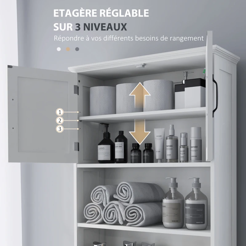 kleankin Meuble WC dessus de toilette armoire de rangement de salle de bain avec niches placard à double porte étagère réglable