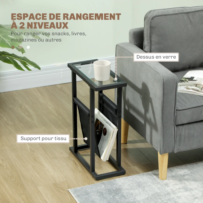 HOMCOM Table d'appoint étroite, bout de canapé en métal avec porte-revues et plateau en verre trempé, 40 x 18 x 55,5 cm, noir