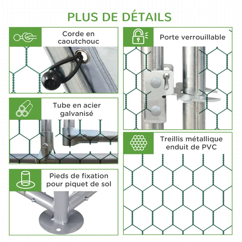PawHut Enclos poulailler chenil volière extérieur 12,5 m² pour 12 à 15 poules 6,6 x 1,9 x 1,95 m acier galvanisé