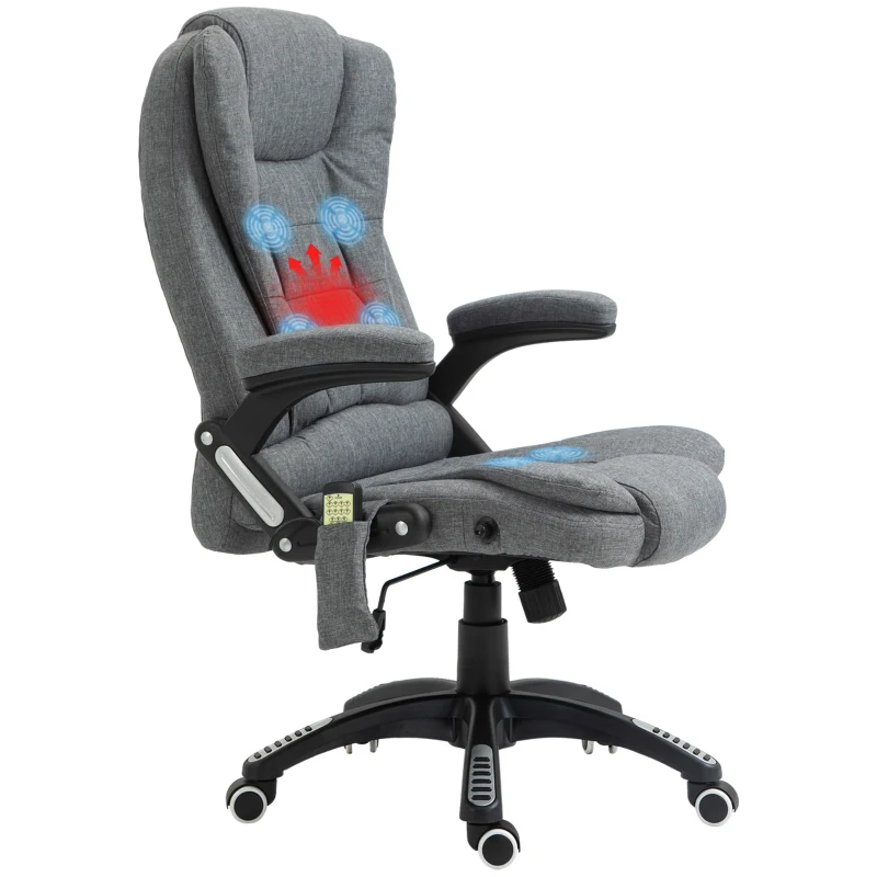 Vinsetto Massage Recliner Chair Heated Office Chair with Six Massage Points Linen-Feel Fabric 360° Swivel Wheels Grey