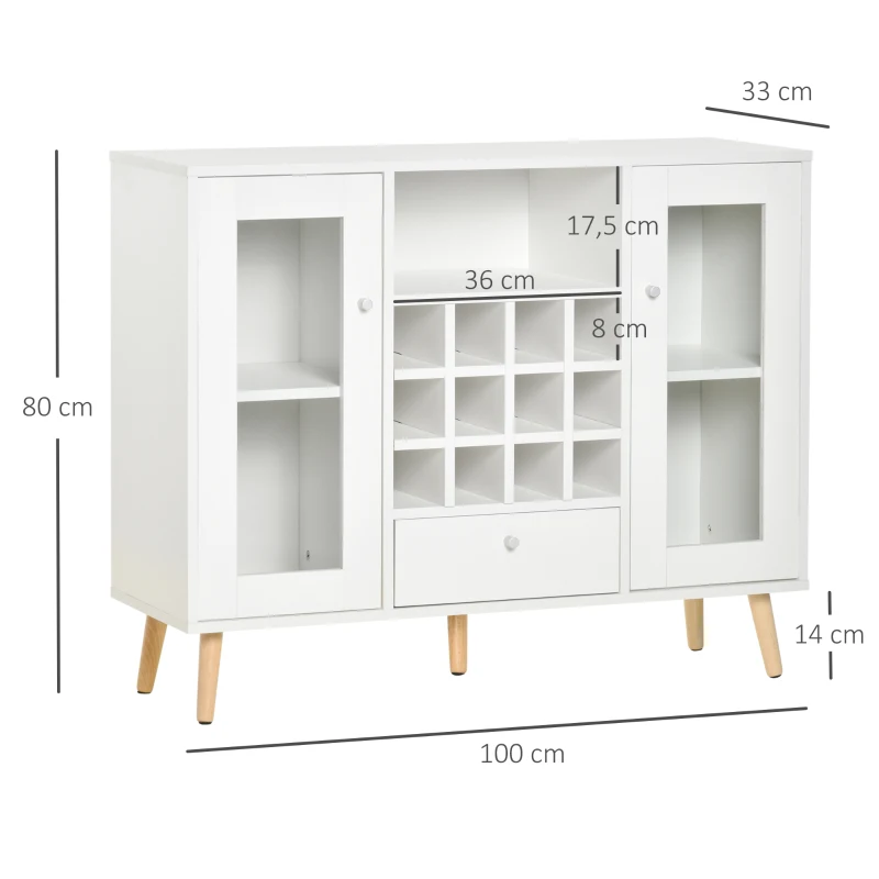 HOMCOM Aparador de Cocina con Botellero Cajón Estante Abierto y 2 Armarios con Puertas de Cristal 100x33x80 cm Blanco