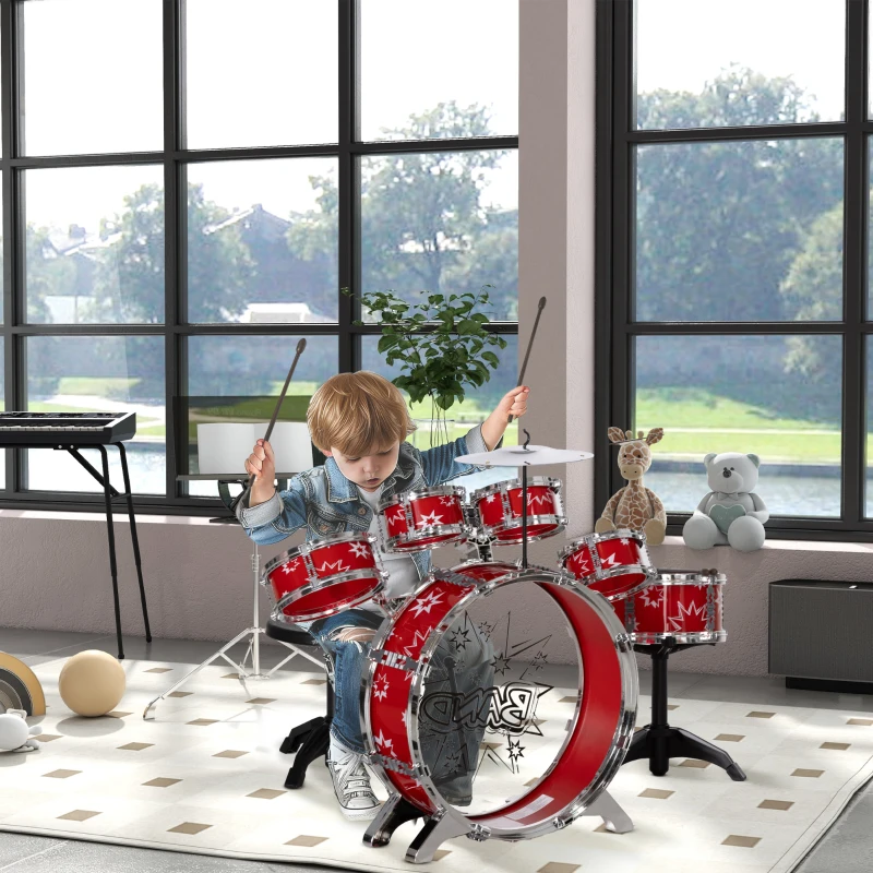 AIYAPLAY Batería para Niños de +3 Años con Tambores Bombo Platillo Pedal y Baquetas Diseño con Tema de Estrellas 65x22x57 cm Rojo