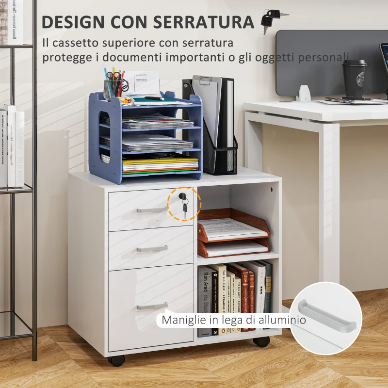 HOMCOM Cassettiera Portadocumenti da Ufficio con 3 Cassetti, Ruote, Serratura e Chiavi, 60x40x56 cm, Bianco