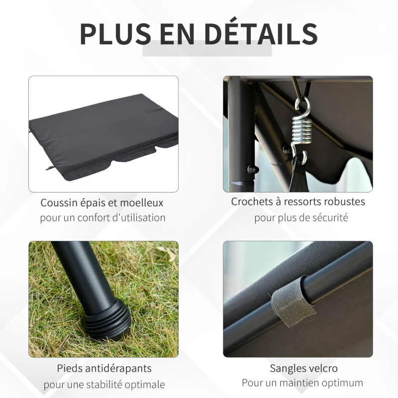 Outsunny Balancelle de Jardin Convertible 3 Places Grand Confort Inclinaison Toit réglable Matelas fourni 2L x 1,25l x 1,7H m métal Polyester Noir Anthracite