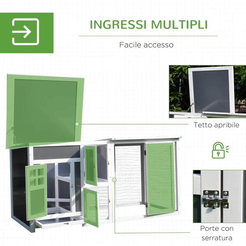 PawHut Pollaio per Galline Ovaiole da Esterno con Tetto Impermeabile e Zona di Corsa, Nidificazione in Legno, 160x75x80 cm, Grigio e Bianco