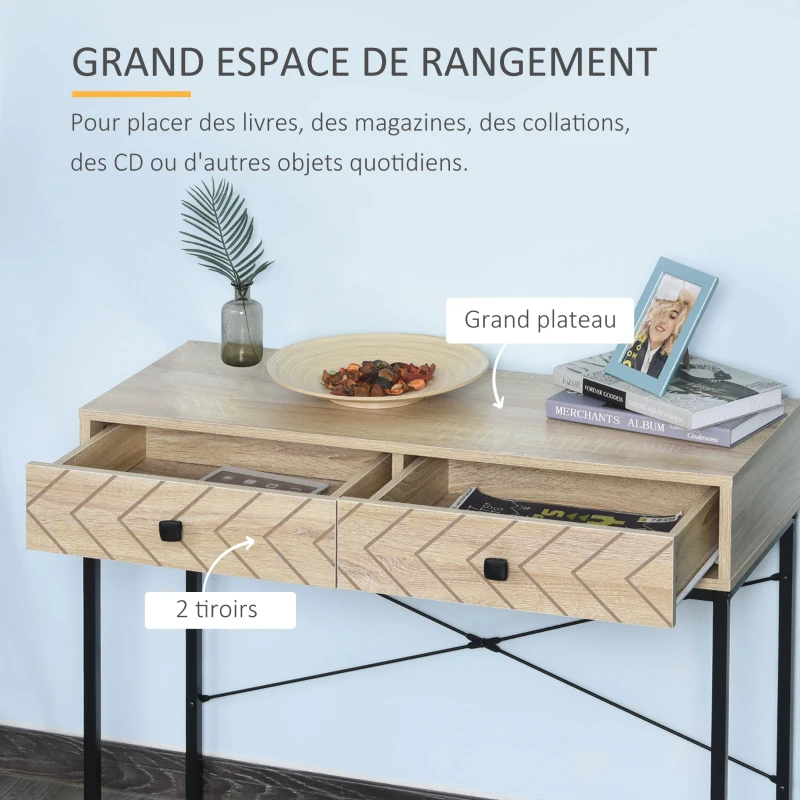 HOMCOM Table Console table d'entrée Industriel 2 tiroirs Bois Naturel Pieds métal dim. 90 x 35 x 76 cm
