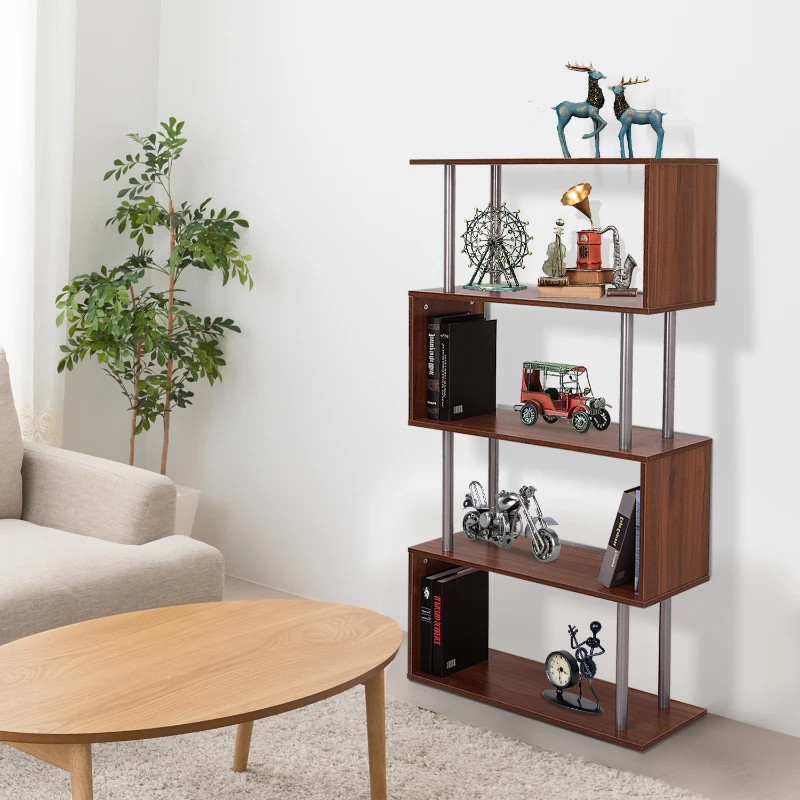 HOMCOM 4-Tires Wooden Bookcase S Shape Storage Bookshelf Display for Living Room, Bedroom, Office with Steel Frame, Walnut