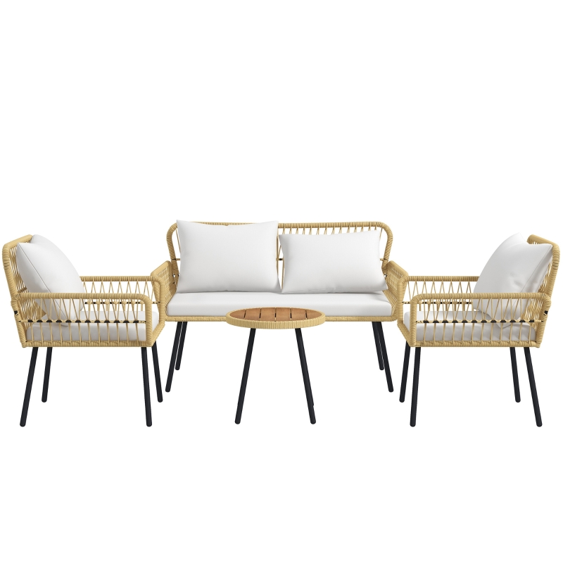 Outsunny Ensemble salon de jardin 4 pièces canapé 2 places 2 fauteuils avec 7 coussins 1 table basse ronde, résine tressée