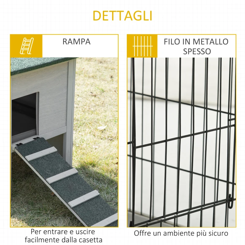PawHut Conigliera a 2 Livelli in Legno d'Abete per Esterni con Tetto in Asfalto, 154.5x52.5x68.5cm, Grigio