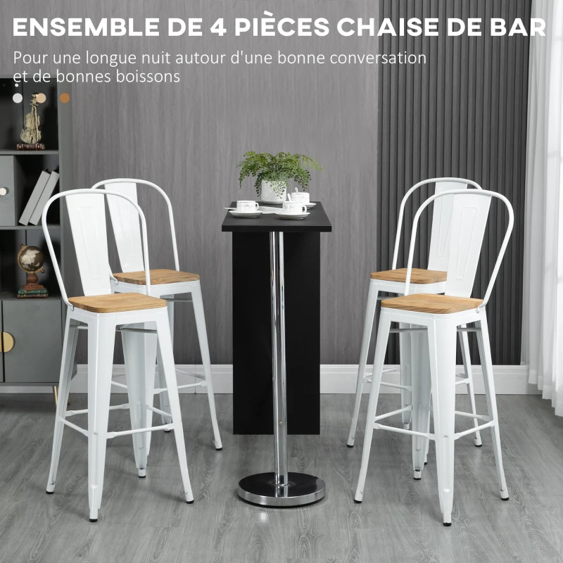 HOMCOM Lot de 4 tabourets de bar industriel avec dossier repose-pied hauteur assise 76 cm métal blanc
