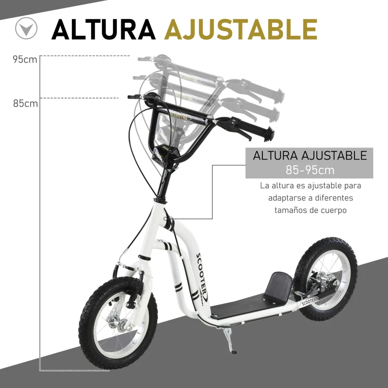 HOMCOM Patinete para Niños Mayores de 5 Años Scooter 2 Neumáticos Inflables de Caucho con Frenos Manillar Ajustable Pedal Antideslizante 120x58x85-95 cm Blanco