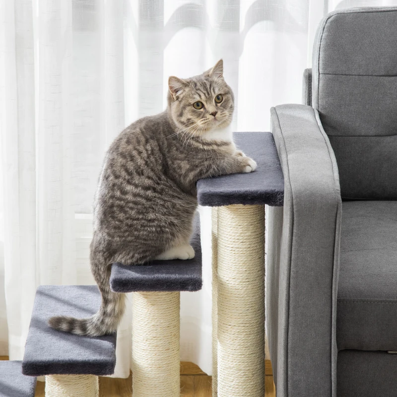 PawHut Escalera para Mascotas 60x42x61 cm Escalera para Gatos Perros Mayores Enfermos Pequeños Cubierta Suave de Peluche Rascador de Sisal Estable 4 Pasos Gris