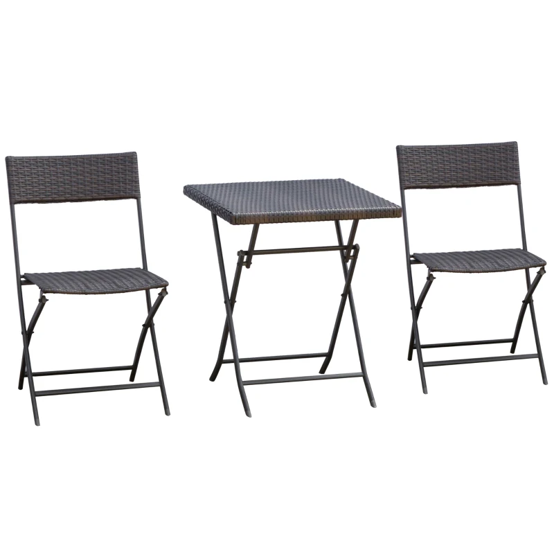Outsunny Set da Giardino Pieghevole da 3 Pezzi in Rattan PE e Metallo, Set 2 Sedie e Tavolino da Caffè, Protezione dai Raggi UV, Set di Mobili da Balcone, per Patio e Cortile, Nero
