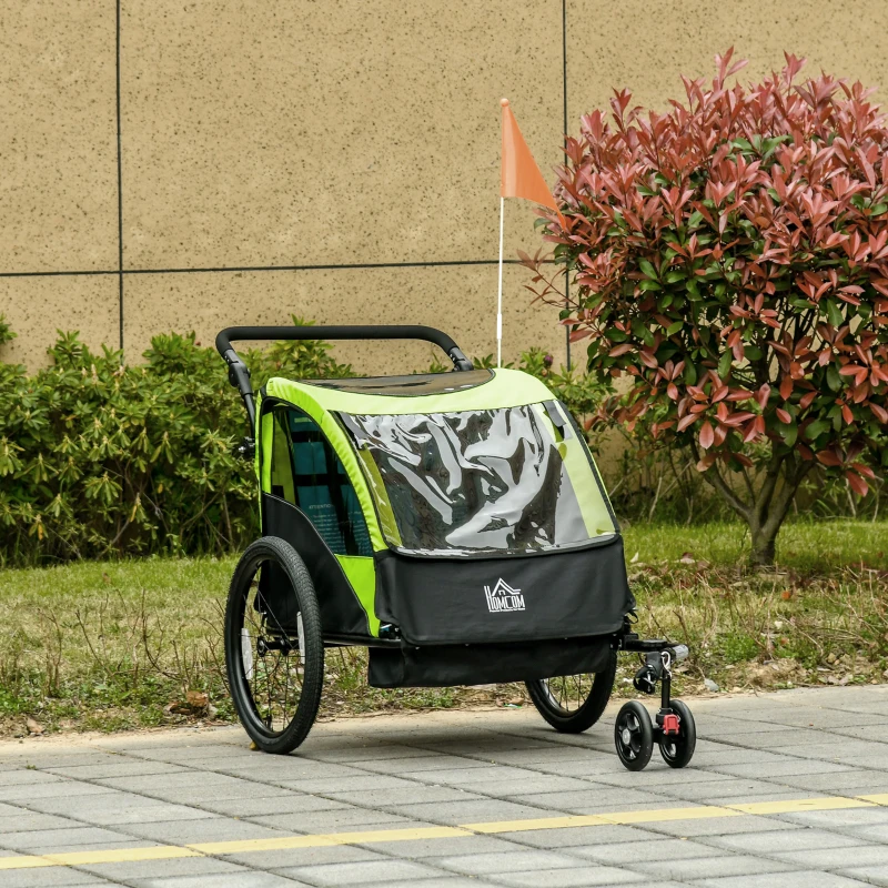 HOMCOM Bike Trailer 2 In1 Child Kids Stroller 2 Seater Carrier with Adjustable Handlebar Hitch Coupler Green