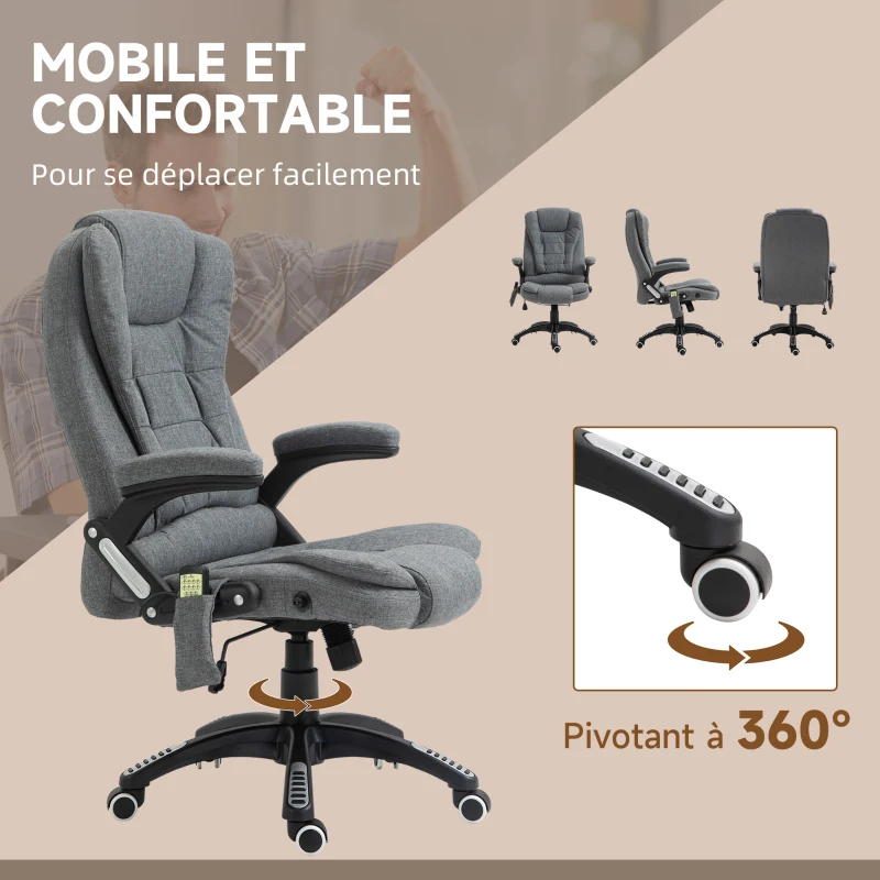 Vinsetto Fauteuil de bureau massant et chauffant, chaise de bureau, chaise ergonomique avec hauteur réglable, dossier inclinable et télécommande filaire, pivotant à 360° tissu en polyester gris chiné