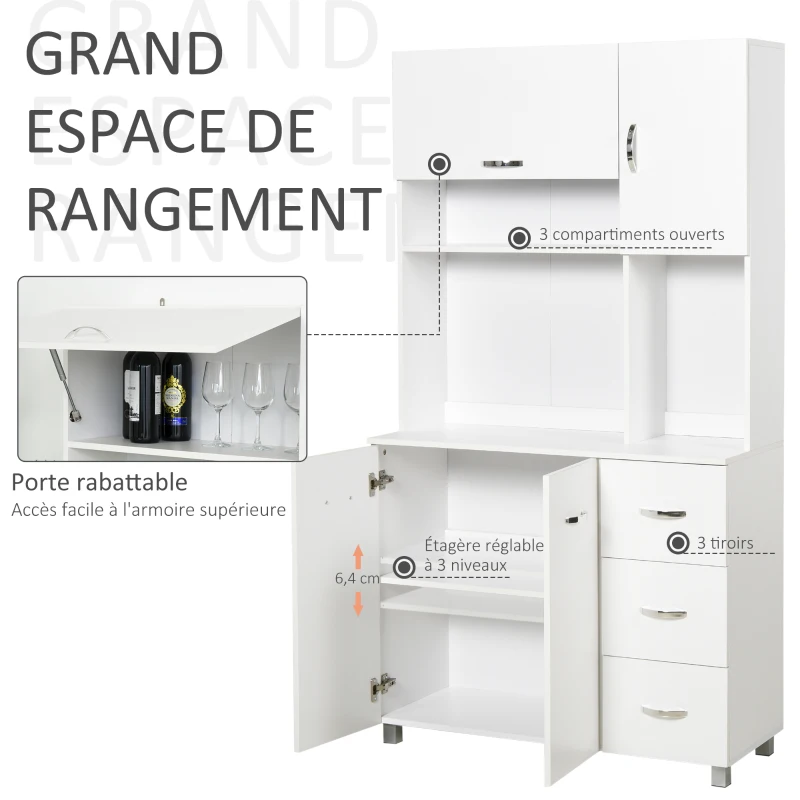 HOMCOM Armoire de cuisine multi-rangements 4 portes 3 tiroirs étagère + grand plateau 100L x 39,5l x 183,5H cm blanc