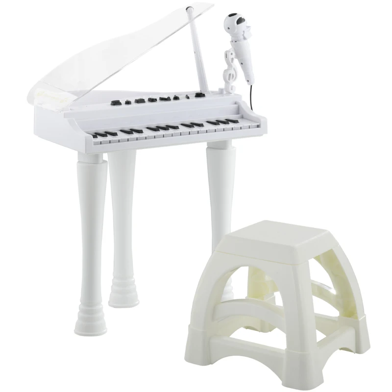 AIYAPLAY Piano enfant électronique 32 touches multifonctions avec micro haut parleur tabouret couvercle lumineux LED blanc